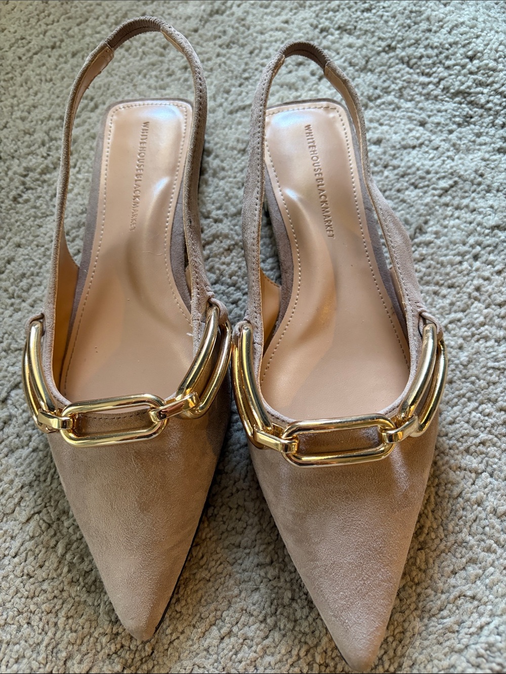 White House Black Market Tan Suede Pointed Slingback Flats with Gold Link Detail